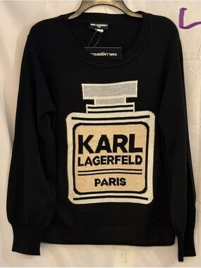 Karl Lagerfeld Black Crewneck Sweater with Cream & Silver Perfume Bottle Graphic